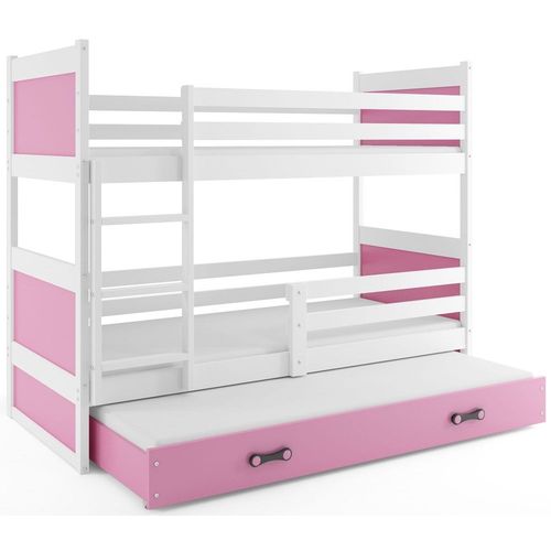 Drveni dečiji krevet na sprat Rico sa tri kreveta - beli - rozi - 190x80 cm slika 2