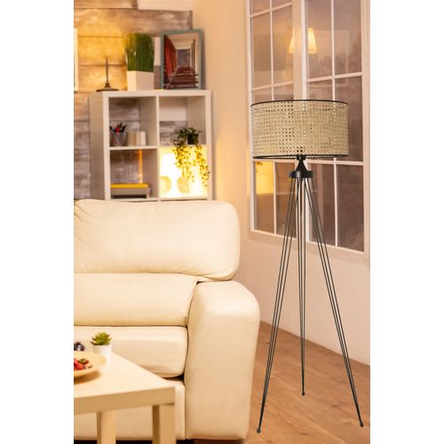 Star Siyah Lambader Silindir Rattan Abajurlu Black Floor Lamp slika 1