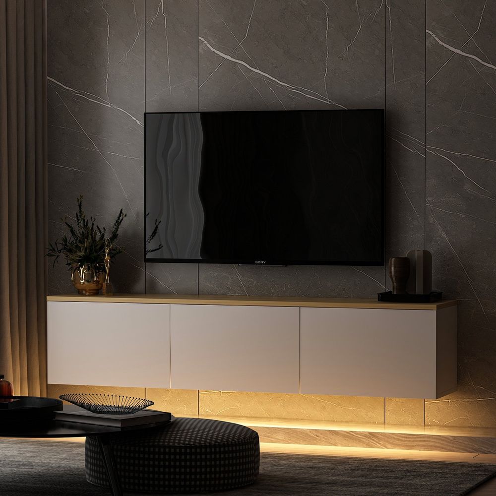TV Stalak Neon - White v2 u Bijeloj Boji s Hrastovim Detaljima slika 1