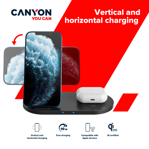 CANYON WS-202 2in1 Wireless charger, Input 5V/3A, 9V/2.67A, Output 10W/7.5W/5W, Type c cable length 1.2m, PC+ABS,with PU part ,180*86*111.1mm, 0.185Kg,Black slika 5