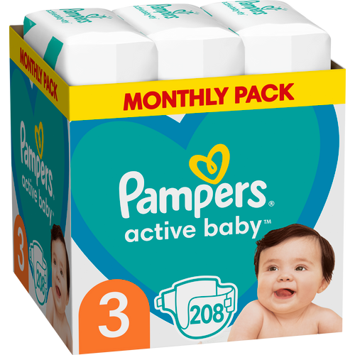 Pampers Active Baby - XXL Mjesečno Pakiranje Pelena veličina 3, 208 komada slika 2