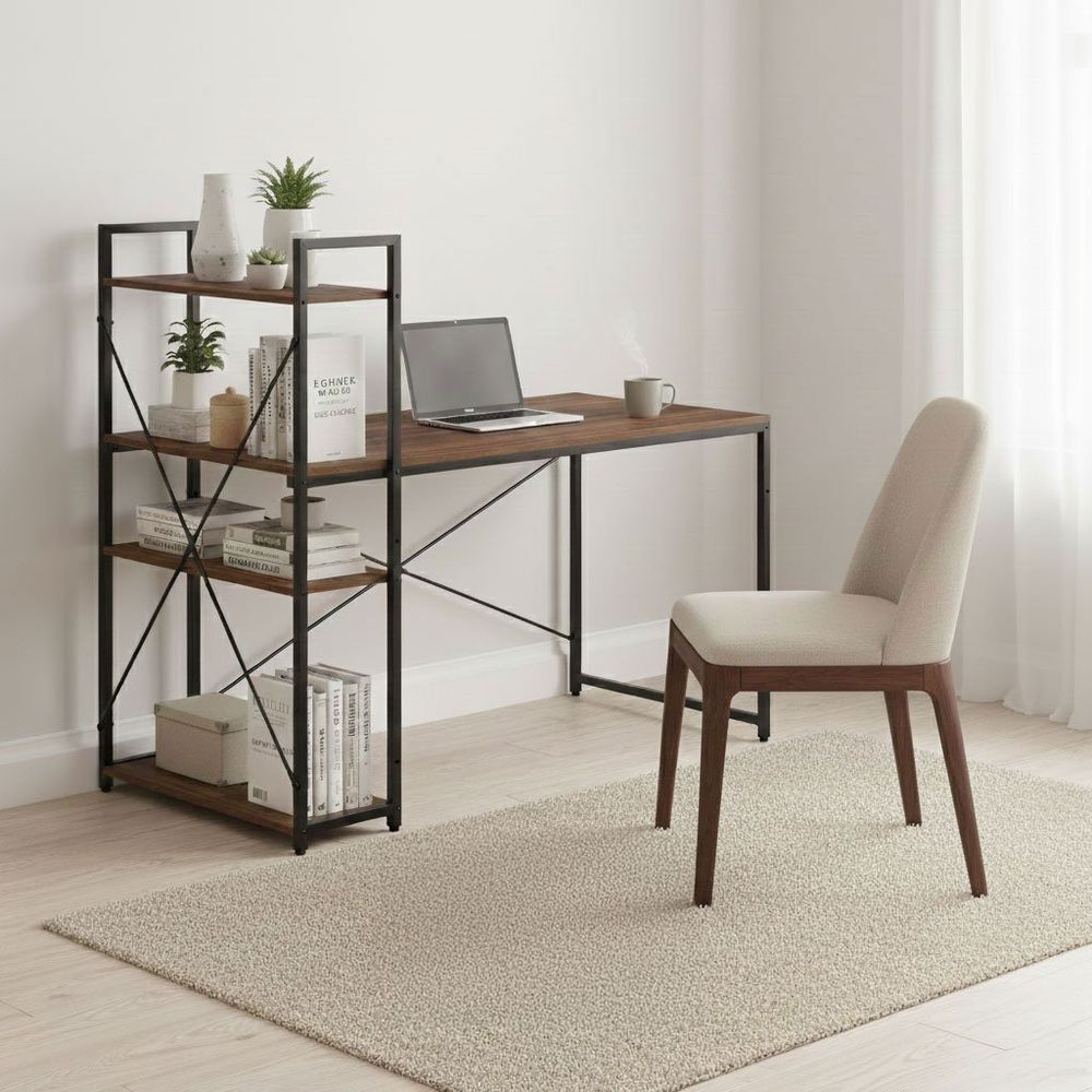 ModernHome uredski stol 120 × 60 cm s policom i 3 police – crno tamno smeđi slika 2
