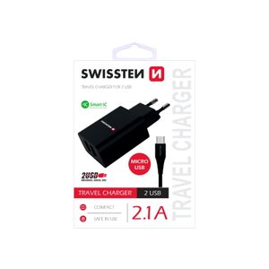 SWISSTEN punjač za AC220, 2xUSB, 2.1A, SMART IC, crni + microUSB kabel