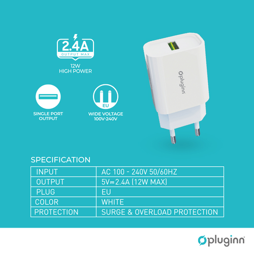 Kućni punjač Pluginn PI-D48, 5V, 2.4A, 12W sa lightning kablom beli slika 2