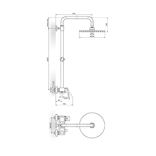 Rosan  STOLZ - BLACK Baterija za tuš kadu sa usponskim tušem D.220mm slika 2