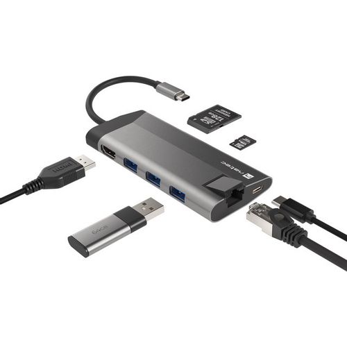 Natec NMP-1690 FOWLER PLUS, USB Type-C 6-in-1 Multi-port Adapter (USB3.0 Hub + HDMI + PD + SD/MicroSD card reader + Gigabit LAN), Max. Output 100W, Grey slika 1