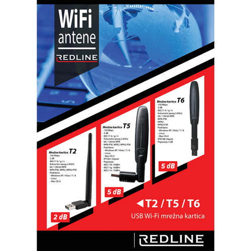 REDLINE Wi-Fi mrežna kartica, USB, 2.4 GHz, 5 dB, 150 Mbps, RT7601 - T5 WiFi antena slika 5