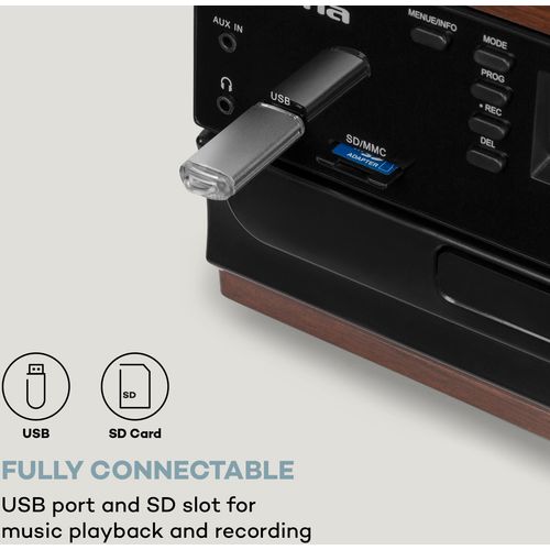 Auna Oakland DAB Plus, retro stereo sustav, DAB +/- FM, BT funkcija, vinil, CD player, kasetofon. uključujezvučnike, Smeđa slika 4
