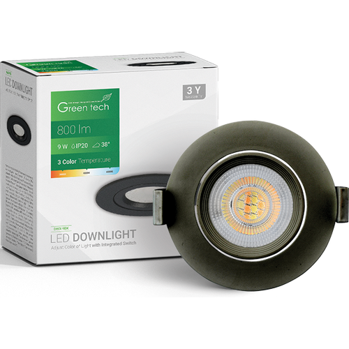 LED downlight Green Tech 800 lm, 9W, 3CCT, 3000K-4000-6500K, crni slika 3