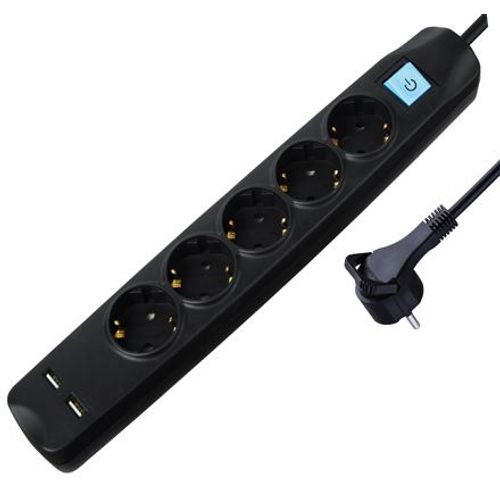 Transmedia 5-way power strip with 2x USB, black, 3m slika 1