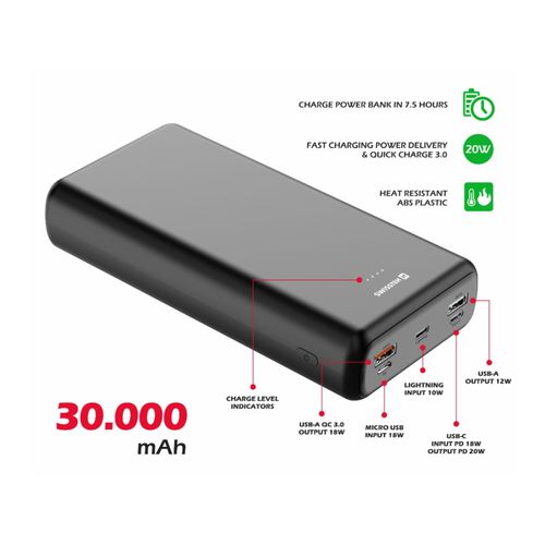 Dodatna baterija - Power Bank SWISSTEN 30000mAh, 20W, PD, QC, svi utori, crna slika 2