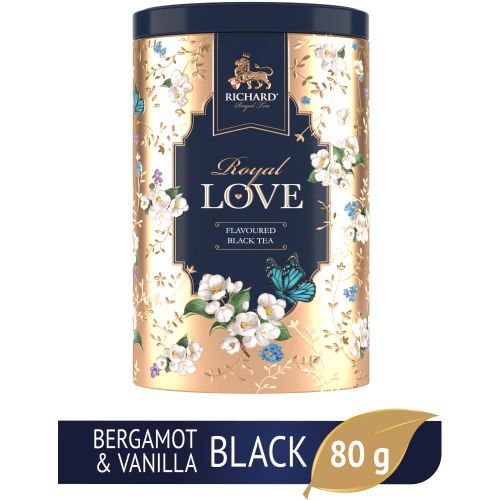 RICHARD TEA ROYAL LOVE - Crni cejlonski čaj sa korom citrusa, laticama cveća i bergamot vanilom u metalnoj kutiji, rinfuz 80g GOLD 160332 slika 1