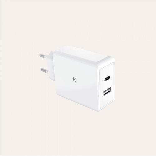 KSIX, GaN ultrabrzi zidni punjač 65W PD, 1xUSB-C + 1xUSB-A, bijeli slika 1