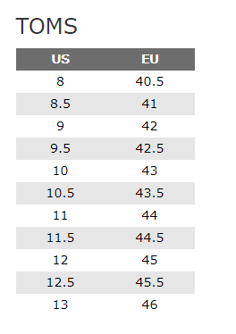 Tablica veličina za brand Toms