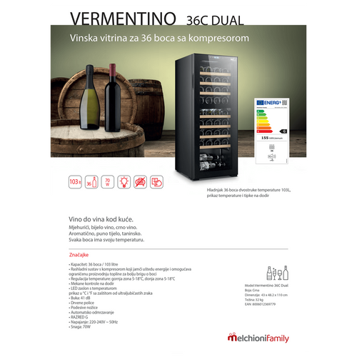 Melchioni Family rashladna vinska vitrina, zapremina 103 lit - Vermentino 36 C dual slika 5