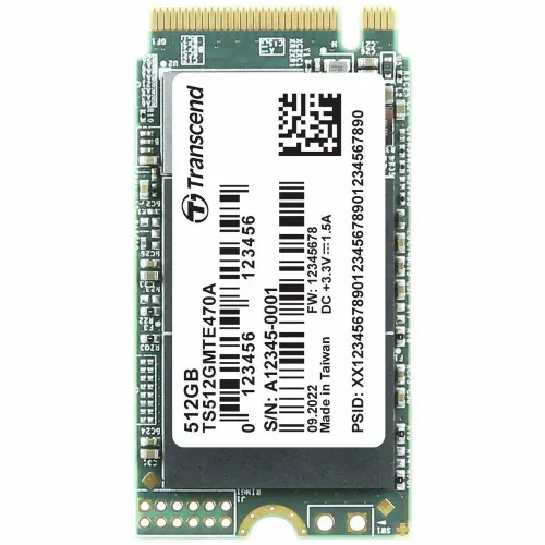 Transcend TS512GMTE470A M.2 NVMe 512GB, 2242, PCIe Gen3x4, 3D NAND, DRAM-less, Read up to 2000MB/s, Write up to 1700 MB/s, Single-sided slika 1