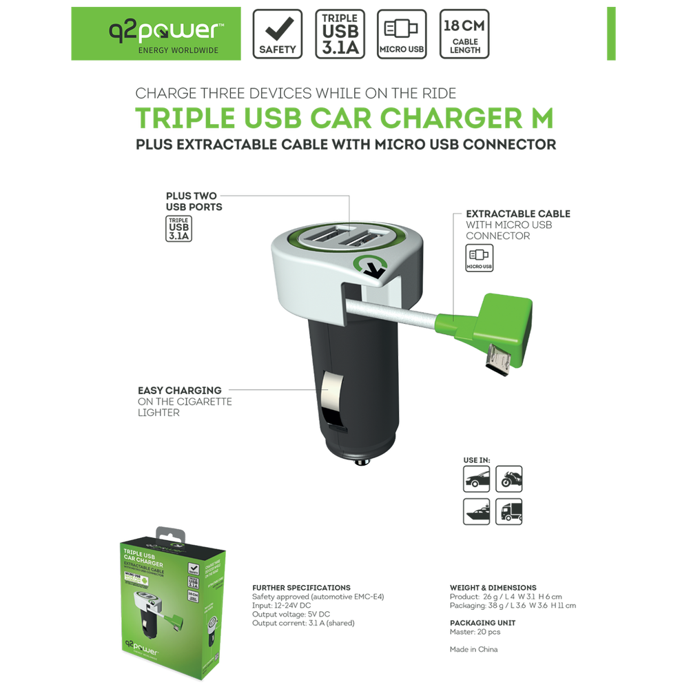 q2power Auto punjač, Dual USB, 3.1A, microUSB - TRIPLE USB CAR CHARGER M slika 3