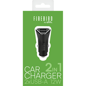 Auto punjač FIREBIRD by ADDA CC-004-BK, 2u1, USB-A, 12W, 2.4A, crni