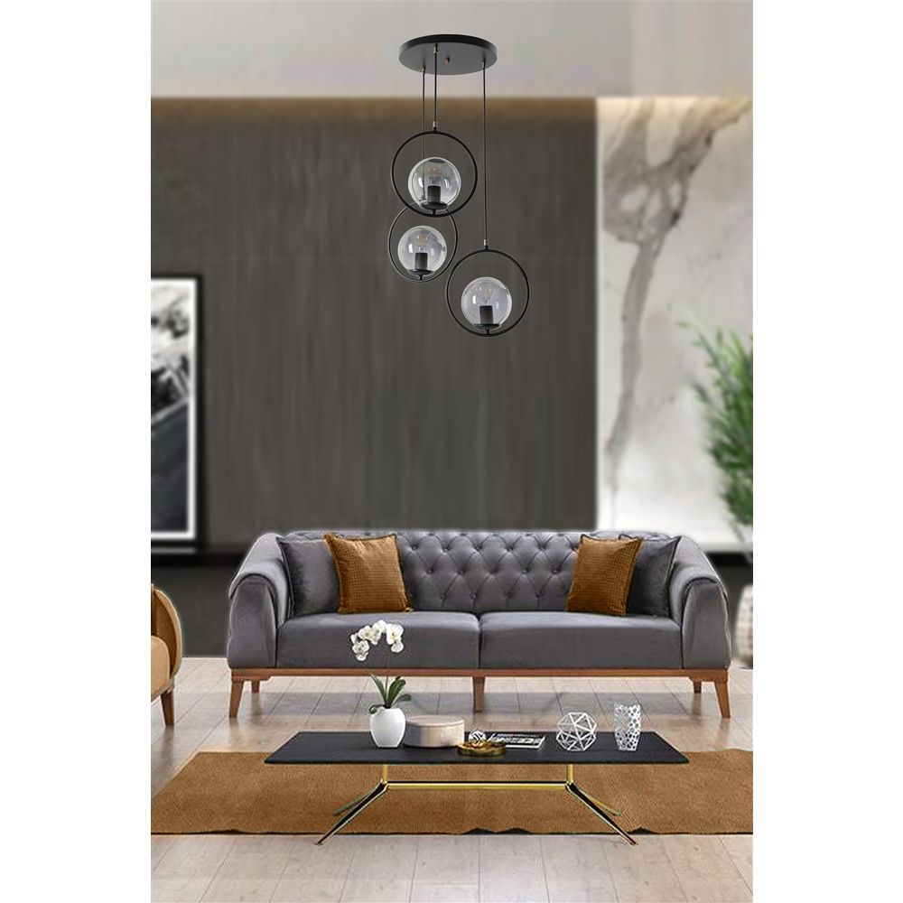 Elegantni Crni Sarkıt Luster sa Füme Staklenim Tepsijama - Ring 3 Lü slika 1