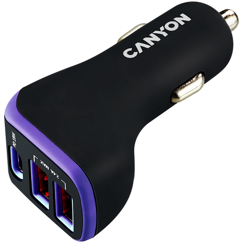 CANYON C-08, Universal 3xUSB car adapter, Input 12V-24V, Output DC USB-A 5V/2.4A(Max) + Type-C PD 18W, with Smart IC, Black+Purple with rubber coating, 71*39*26.2mm, 0.028kg slika 1