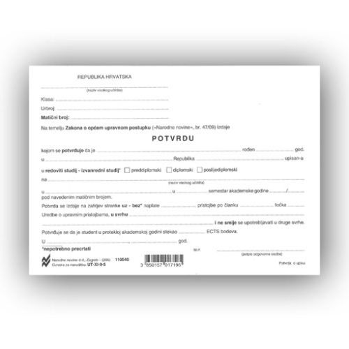 XI-9-5 POTVRDA O UPISU NA FAKULTET; List, 17,6 x 12,5 cm slika 1