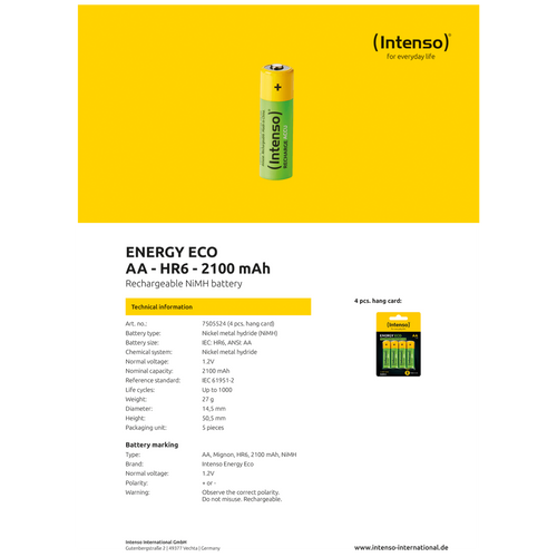 (Intenso) Baterija punjiva AA / HR6, 2100 mAh, blister 4 komada - AA / HR6/2100 slika 3