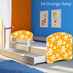 Dječji krevet ACMA s motivom, bočna sonoma + ladica 140x70 cm 24-orange-daisy