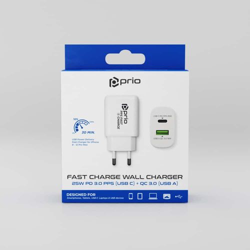 Prio Fast Charge zidni punjač 25W PD PPS (USB C)+QC 3.0 (USB A) bijeli slika 4