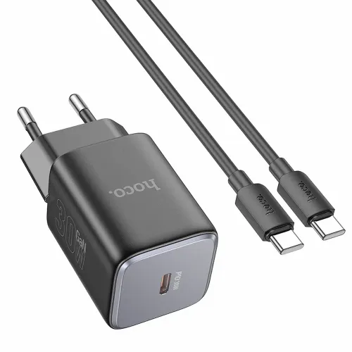 HOCO tip C zidni punjač + tip C na tip C kabel PD QC 30W GaN N43 crna slika 1