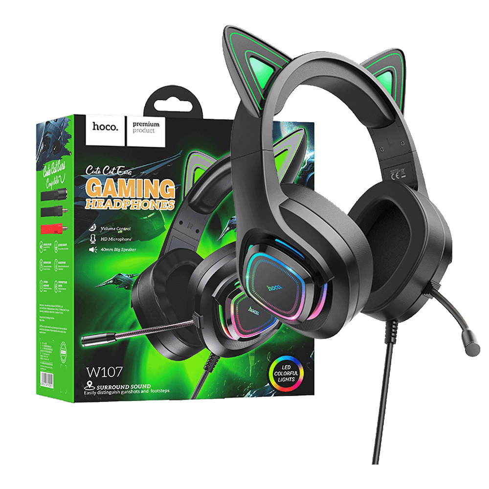 hoco. Slušalice sa mikrofonom, gaming, USB/3.5 mm, LED - W107 Cute Cat Black/Green slika 1