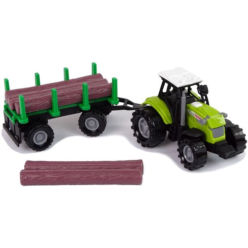 Zeleni traktor s prikolicom i balvanima slika 3