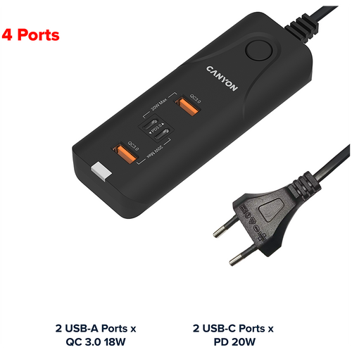 CANYON H-10, Wall charger. CNE-CHA10B Input: 100-240V~50/60Hz 1.0A Max Output1/Output2: DC USB-A QC3.0 5.0V/3.0A,9.0V/2.0A,12.0V/1.5A 18.0W(Max)USB-C PD 5.0V/3.0A,9.0V/2.22A,12.0V/1.67A 20.0W(Max)USB-A+C 5.0V/3.0A 15.0W(Max)Total Power: 40.0W slika 3