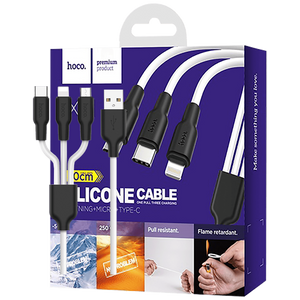 hoco. USB kabel, 3in1, microUSB, type C, Lightning, 1.2 met., 2 A - X21 Silicone 3in1, Black/White