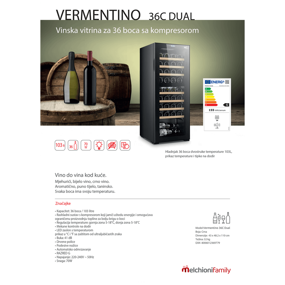 MELCHIONI family Rashladna vinska vitrina, zapremina 103 lit - VERMENTINO 36 C DUAL slika 2