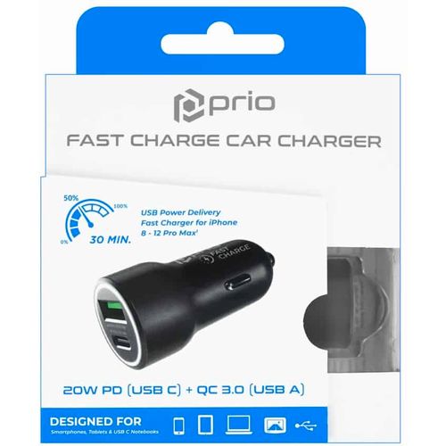 Prio Fast Charge Car Charger 20W PD (USB C) + QC 3.0 (USB A) black slika 4