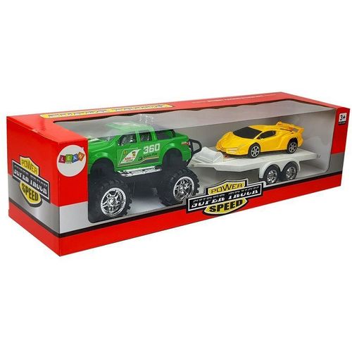 Set vozila Monster Truck sa sportskim autom na prikolici, zeleno-žuti slika 3