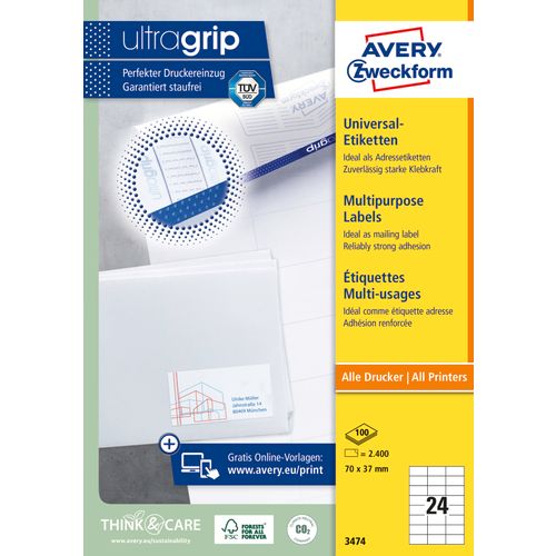 Avery Zweckform 3474 višenamjenske naljepnice A4 ultragrip 70x37mm 100 listova 2.400 naljepnica bijele slika 1