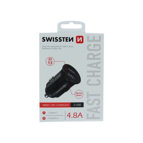 SWISSTEN punjač za auto, 2xUSB, 4.8A, 12-24V, metalic, crni slika 2