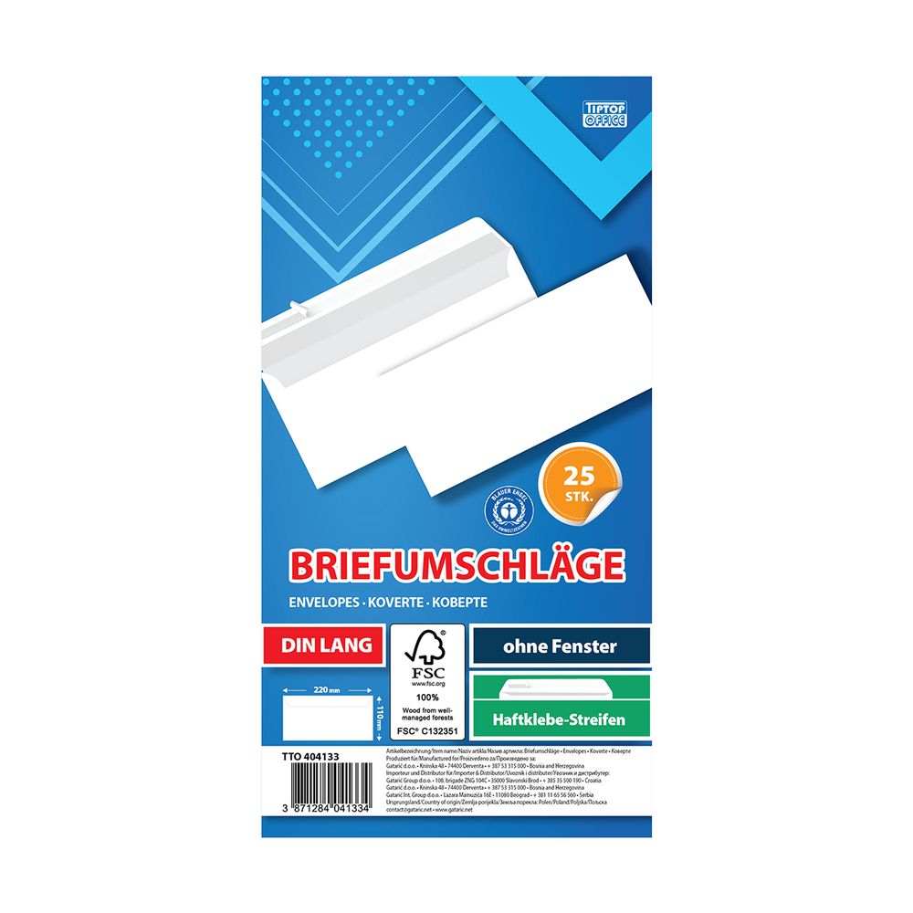 TipTop Office Koverta Amerikan Bez Prozora Strip 110x230mm 25/1 Bijela slika 1
