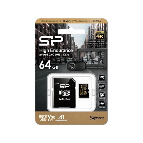 Silicon Power SP064GBSTXDV3V1HSP MicroSD 64GB, High Endurance, Golden Series, SDXC, UHS-I U3 V30 A1 Class 10, Read/Write up to 100/80 MB/s, Extended operation range -25 - 85℃,  for 4K and Full HD recording, w/SD Adapter slika 2