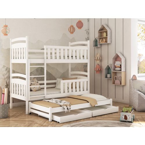 Drveni dječji krevet na kat Viki s tri kreveta i ladicom - bijeli - 160/180*80 cm slika 1