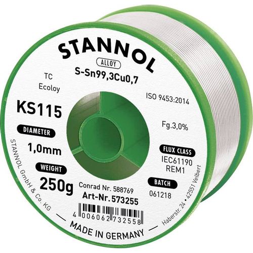Stannol KS115 lemna žica, bezolovna svitak  Sn99,3Cu0,7 250 g 1 mm Tinol, bezolovni kolut Stannol KS115 SN99Cu1 250 g 1.0 mm slika 3