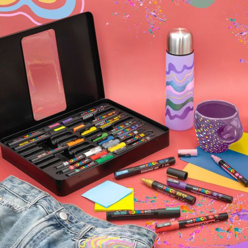 Uni gift set Posca u metalnoj kutiji 20kom (mix pc-1m/ pc-3m/pc-5m) groovy colours slika 3