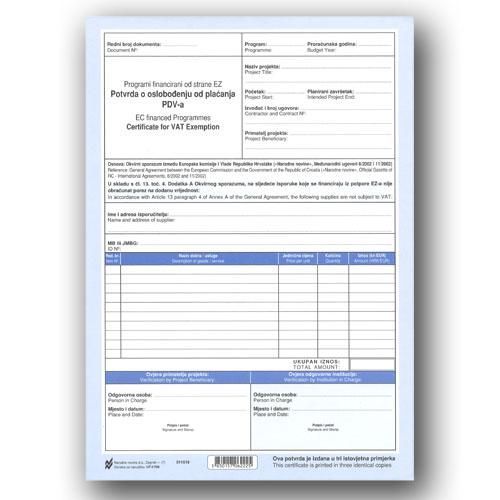 I-706 POTVRDA O OSLOBAĐANJU PLAĆANJA PDV-A; Komplet 3 lista, 21 x 29,7 cm slika 2