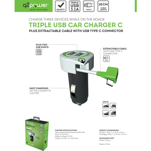 q2power Auto punjač, Dual USB, 3.1A, type C konektor - TRIPLE USB CAR CHARGER C slika 3
