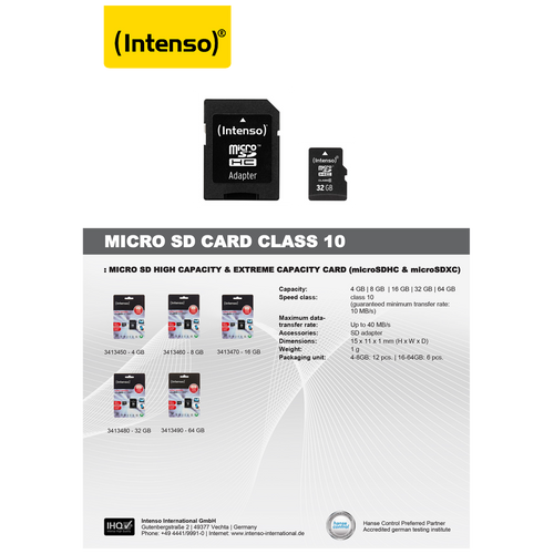 (Intenso) Micro SD Kartica 32GB Class 10 (SDHC &amp; SDXC) sa adapterom - SDHCmicro+ad-32GB/Class10 slika 3