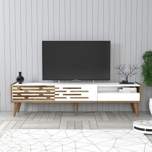 Valensiya - bijela TV komoda, detalji orahovog drveta (100% iverica obložena melaminom)