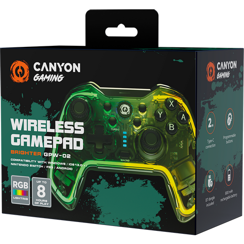 CANYON GPW-02, Bluetooth Controller with built-in 800mah battery, BT 5.0, 2M Type-C charging cable , Bluetooth Gamepad for Nintendo Switch / Android / Windows ( RGB Lighting ),152*110*55mm, 232g, black slika 2