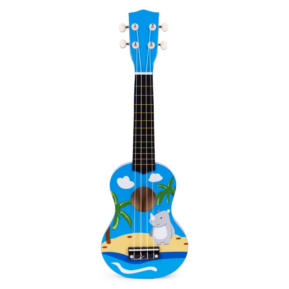 ECOTOYS drvena ukulele za djecu, plava – 4 najlonske žice i trzalica slika 2