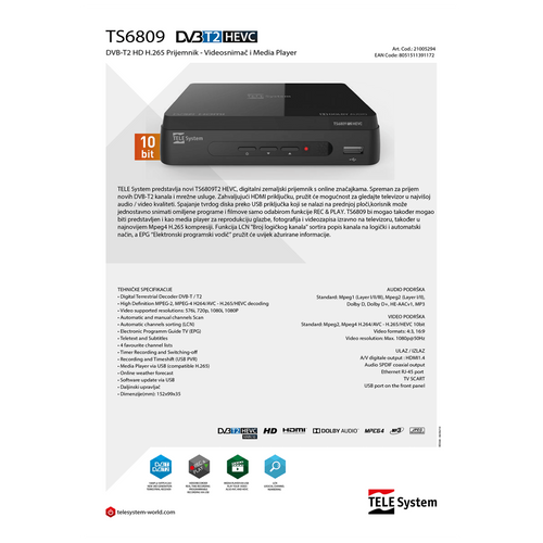 TELE System Prijemnik zemaljski, DVB-T/T2, H.265 / 10 bit, SCART - TS6809 T2 HEVC slika 3